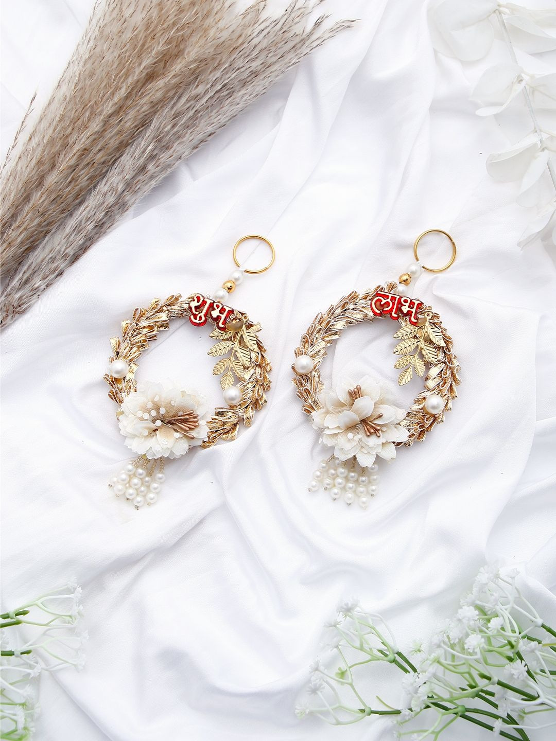 Archies Set Of 2 White and Golden Plastic Shubh Labh Ethnic Wall Hangings