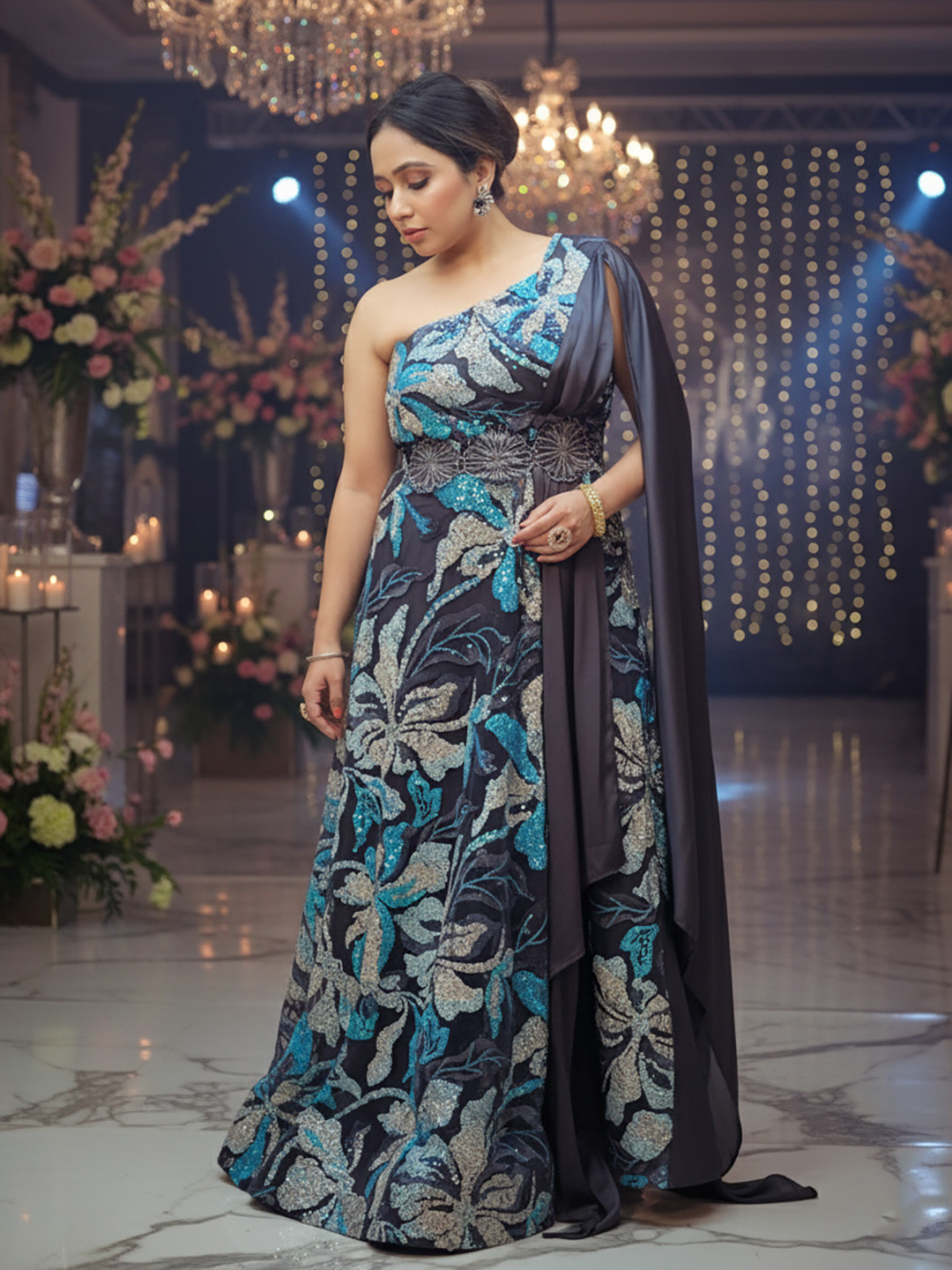 SAKSHI- The Wedding Store Embellished One Shoulder Slit Sleeve Fit & Flare Maxi Dress