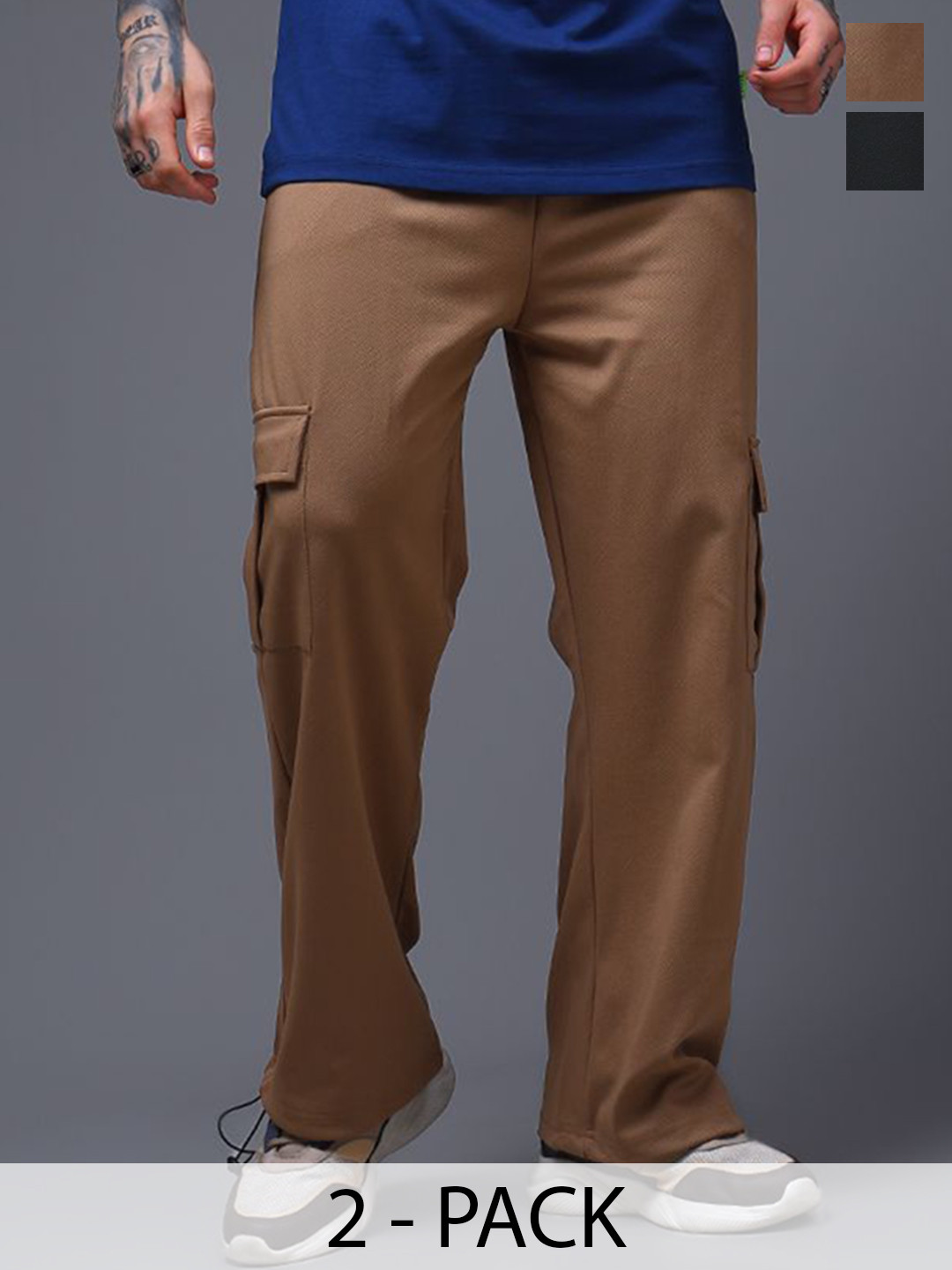 MADSTO Men Solid Pack Of 2 Mid-Rise Relaxed-Fit Cargo Type Trackpants