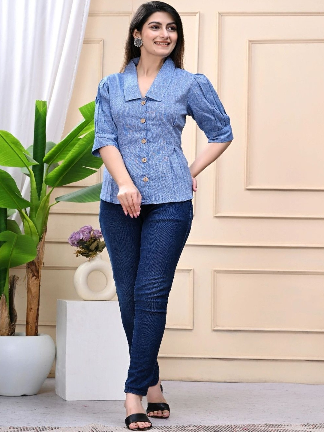 Namokar Enterprises Women Shirt Collar Self Design Puff Sleeve Top