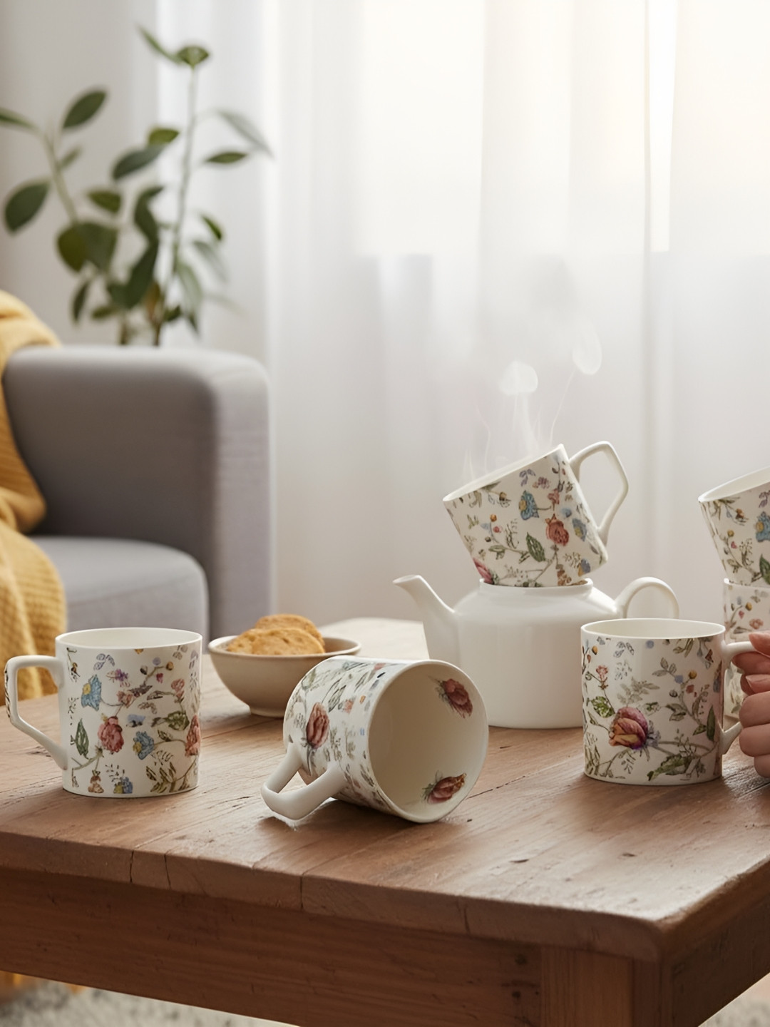 Femora White & Blue 6 Pieces Light Up Printed Ceramic Glossy Cups 200 ml