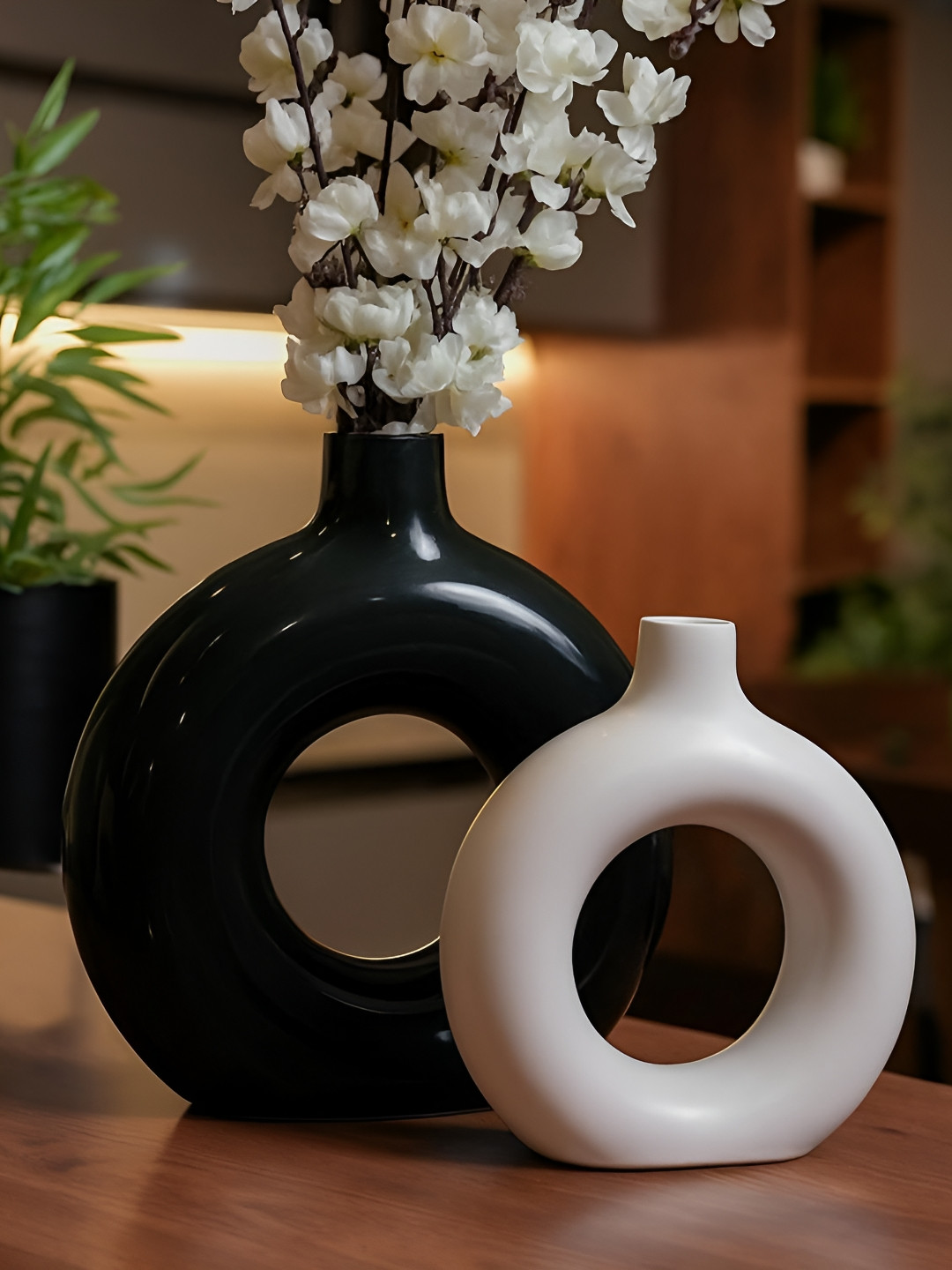 Ascension Black & White 2 Pieces Donuts Shaped Ceramic Flower Vases