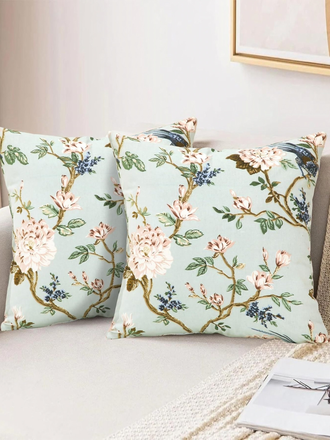 Clovertico Green & Off White 2 Pieces Floral Printed Cotton Square Cushion Covers