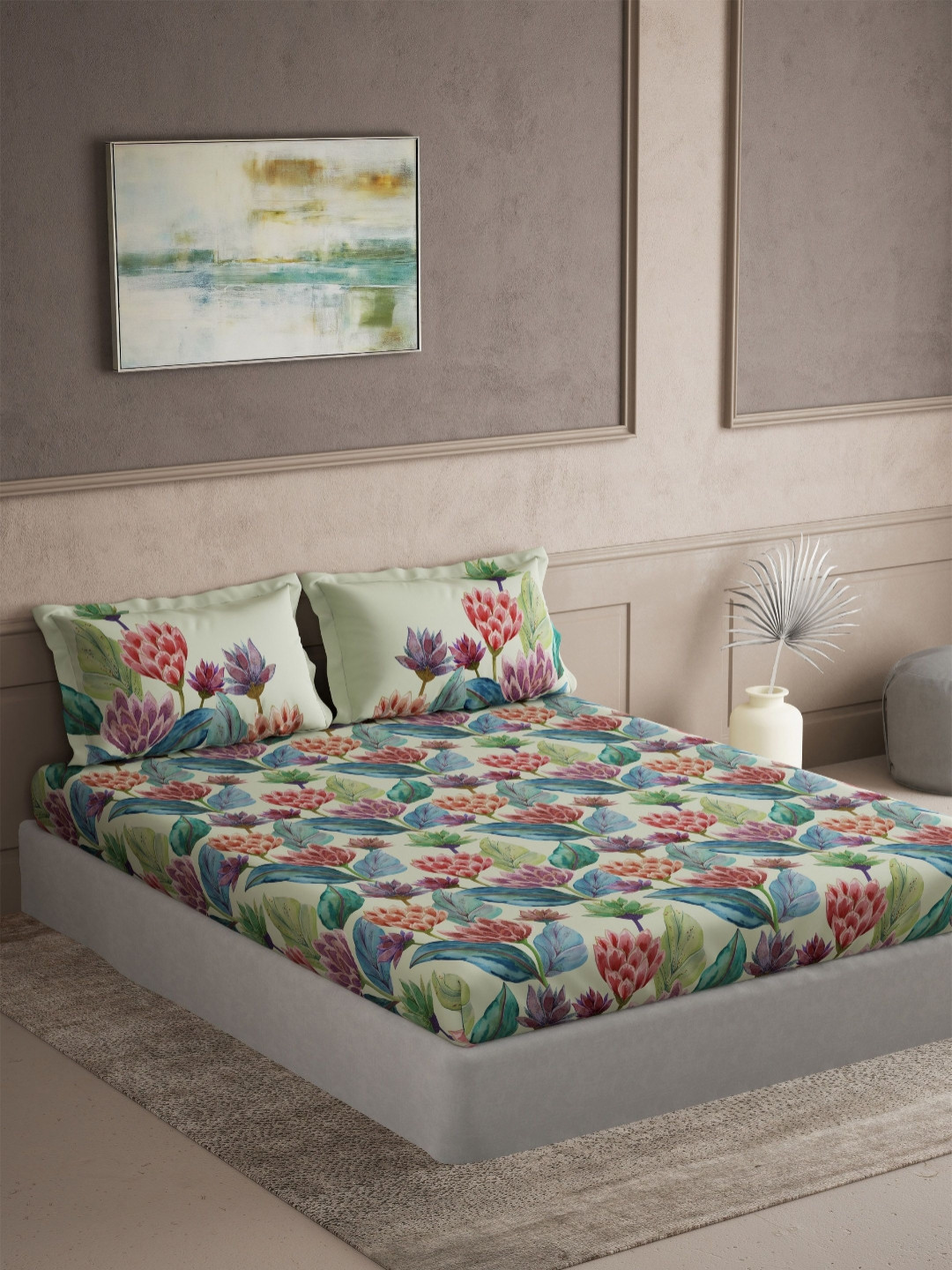 DDecor Elemental Green Printed 144 TC Super King Pure Cotton Bedsheet Set 2.74 m X 2.74 m