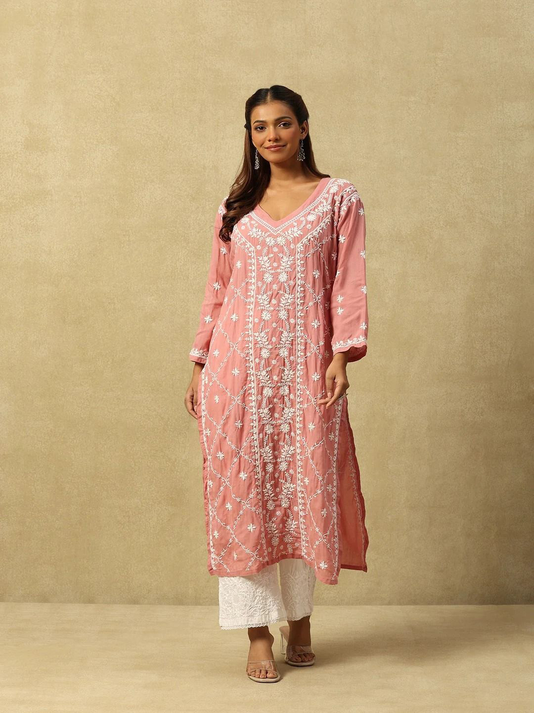House of Chikankari Floral Embroidered Long Sleeves Chikankari Model Kurta