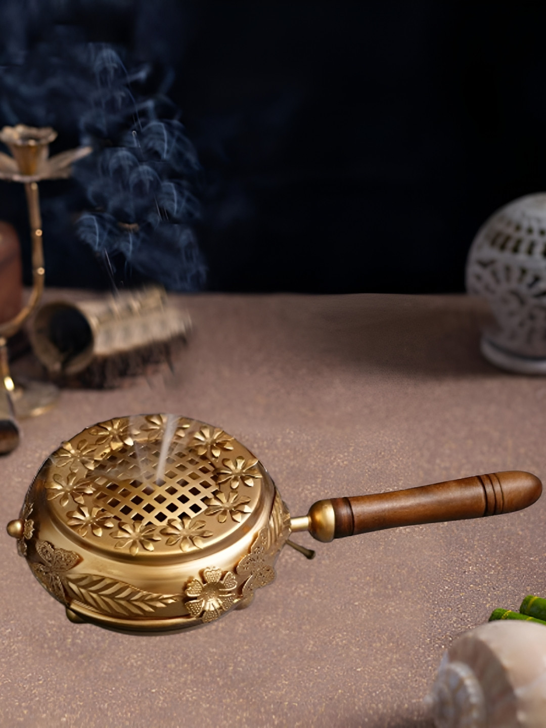 Heaven Decor Gold-Toned & Brown Sambrani Loban Burner With Wooden Handle