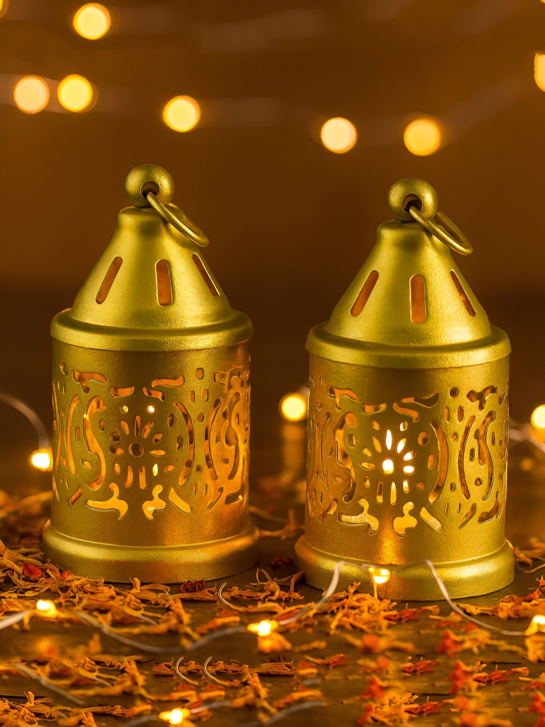 HABERE INDIA 2-Pieces Gold Toened Textured Tea-Light Candle Holders