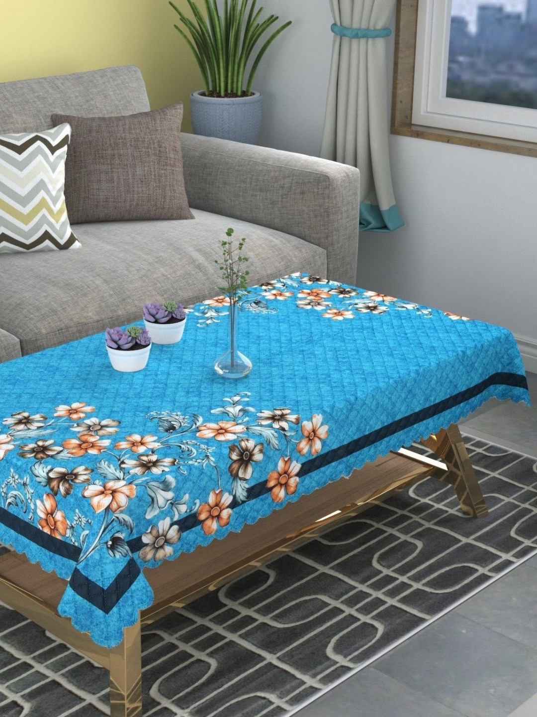 G TRADING HUB Turquoise Blue Floral 4-Seater Table Cover with Textured details