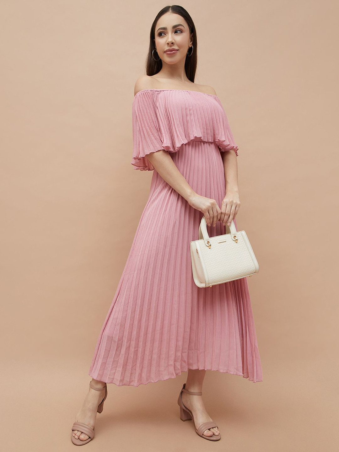 CODE by Lifestyle Women Off-Shoulder Flared Sleeves Accordion Pleats Maxi Dress