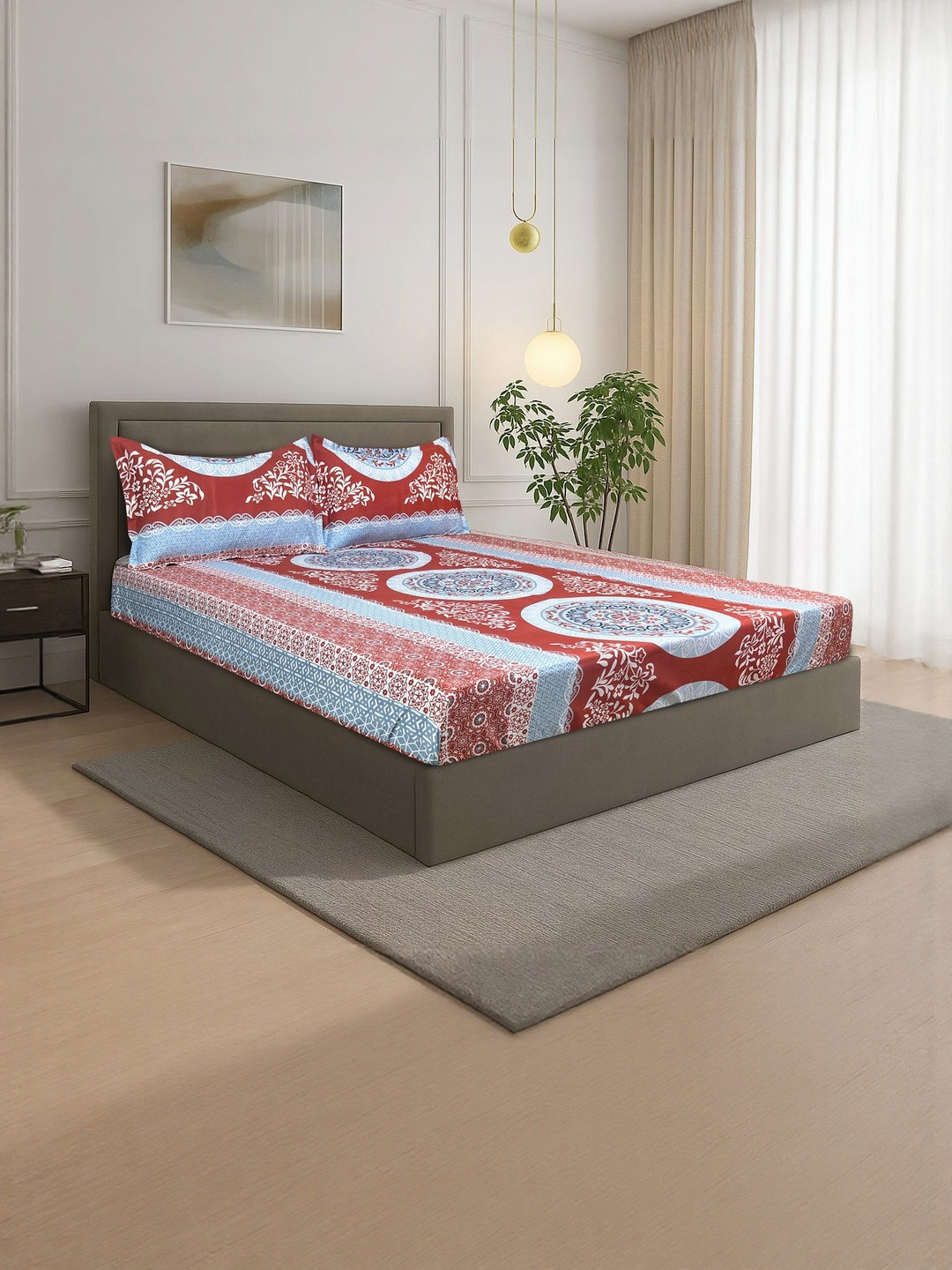 Signature Maroon & Blue Ethnic Motifs 300 TC Bedsheet with 2 Pillow Covers