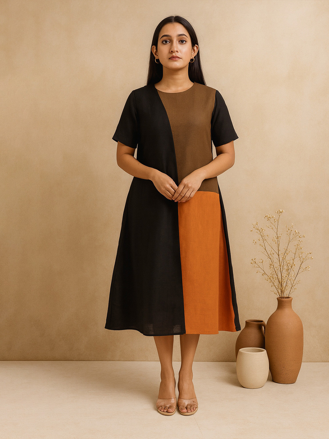 dhaaga Colourblocked Linen Fit & Flare Midi Alba Dress