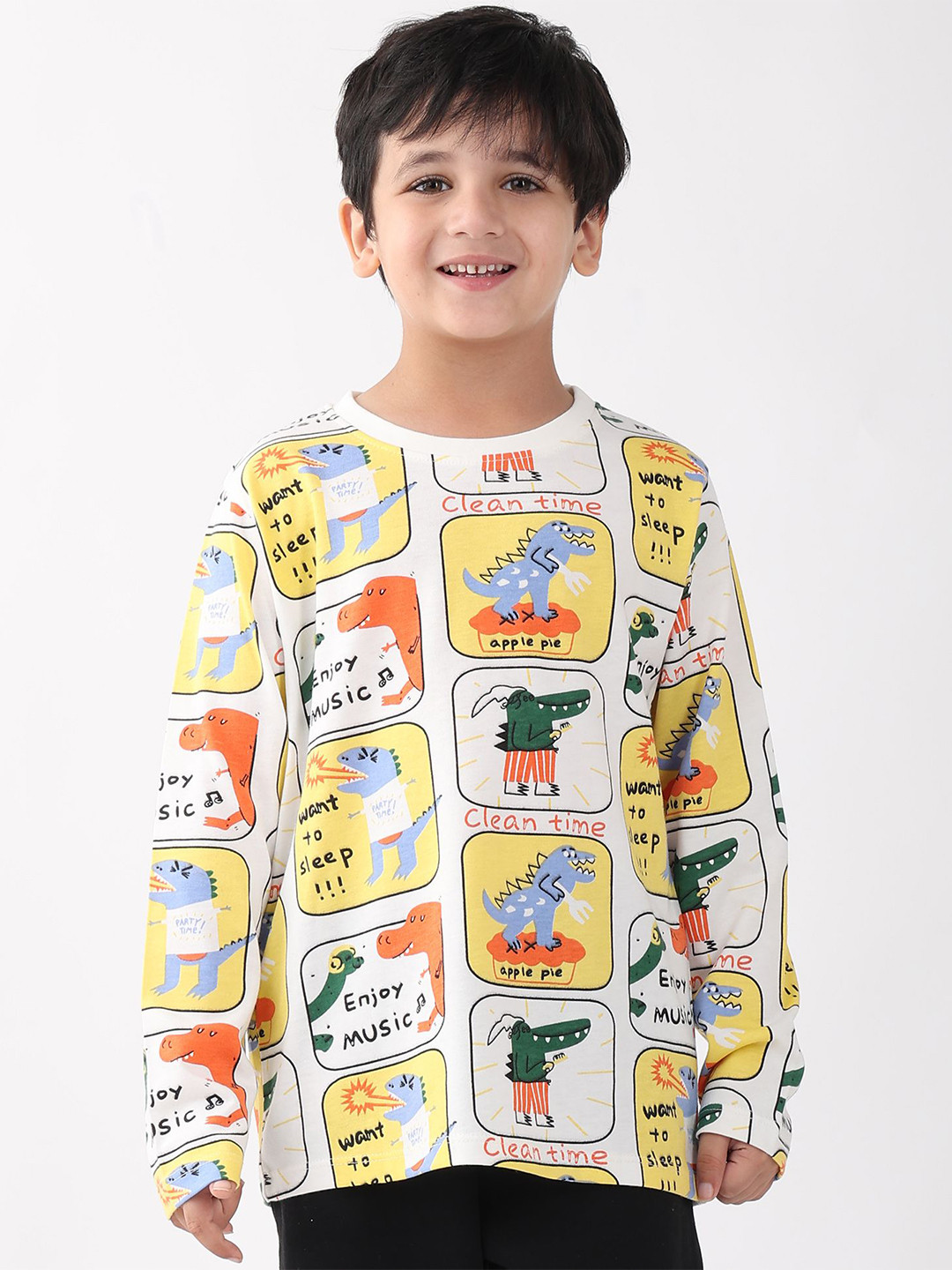 Anthrilo Boys Dinosaur Stamp Printed Long Sleeves T-shirt