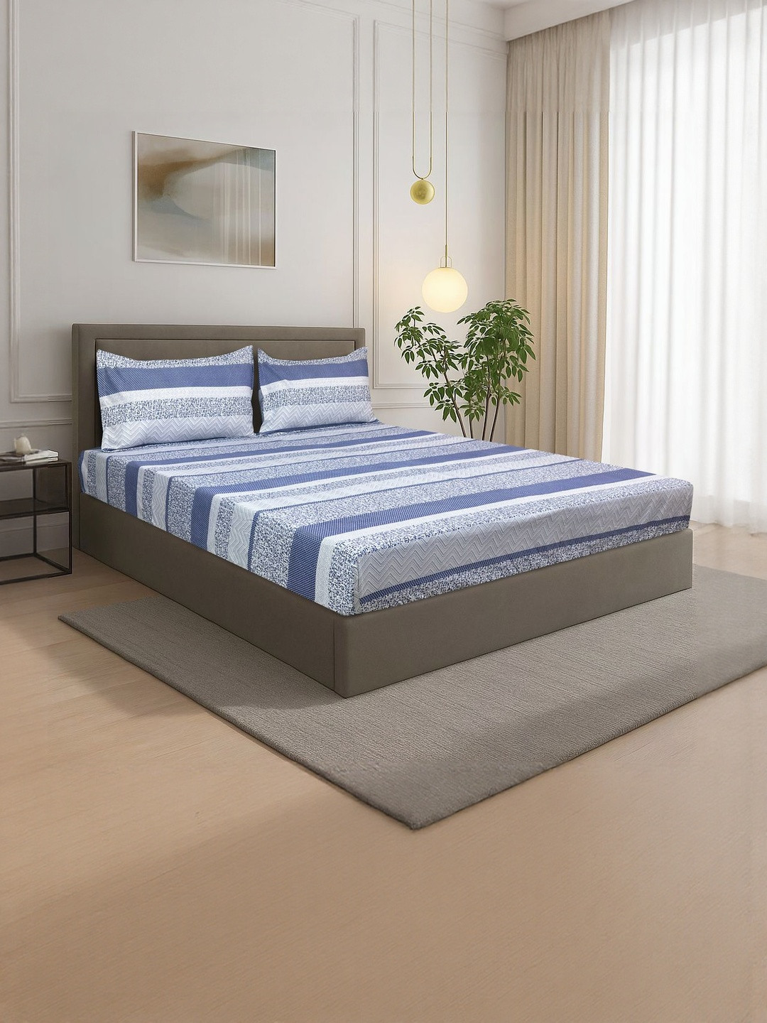 Signature Cotton Blue Striped 300 TC Bedsheet with 2 Pillow Covers