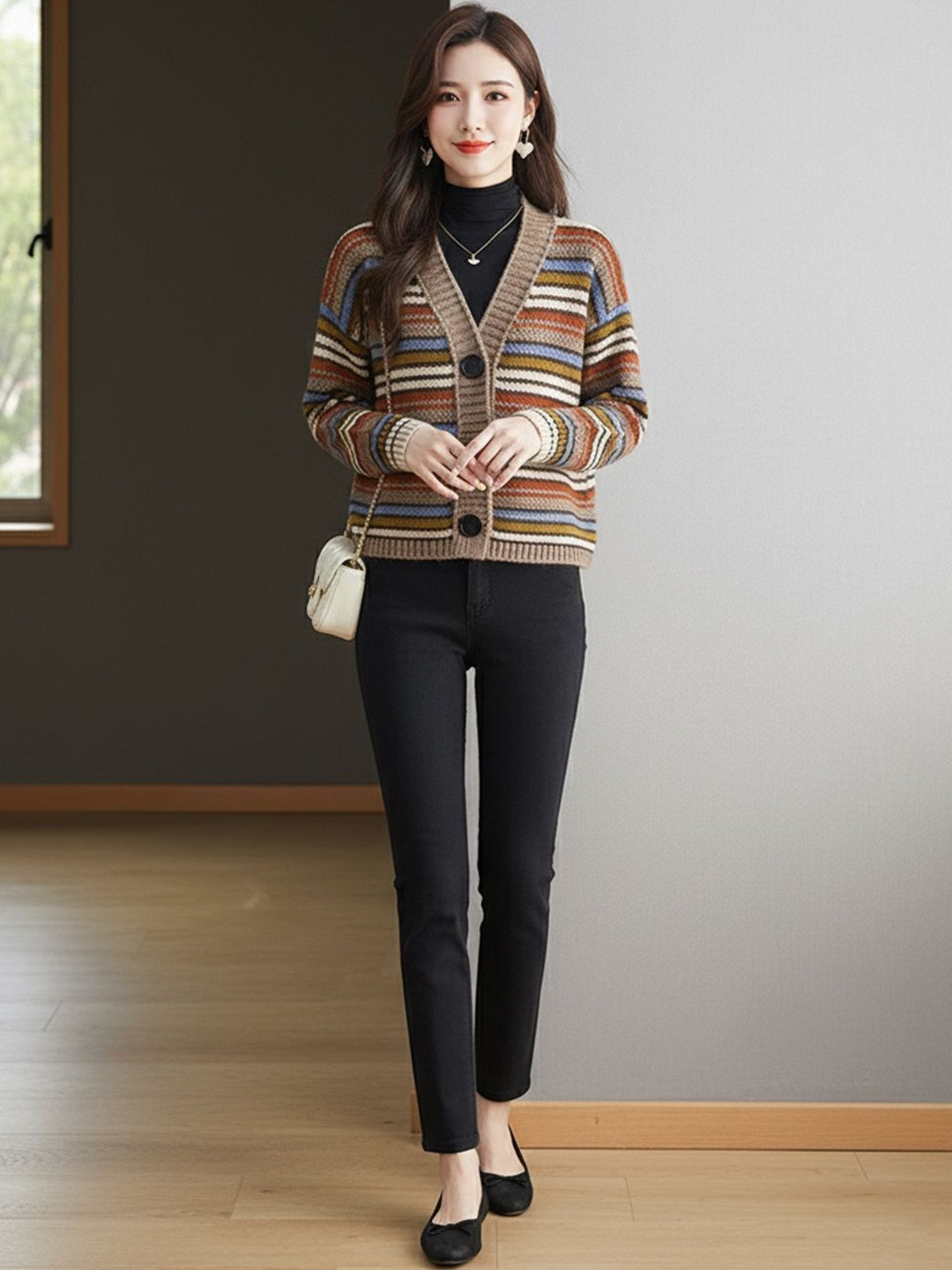 HERE&NOW Women Beige Striped Wool V-Neck Long Sleeves Sweaters