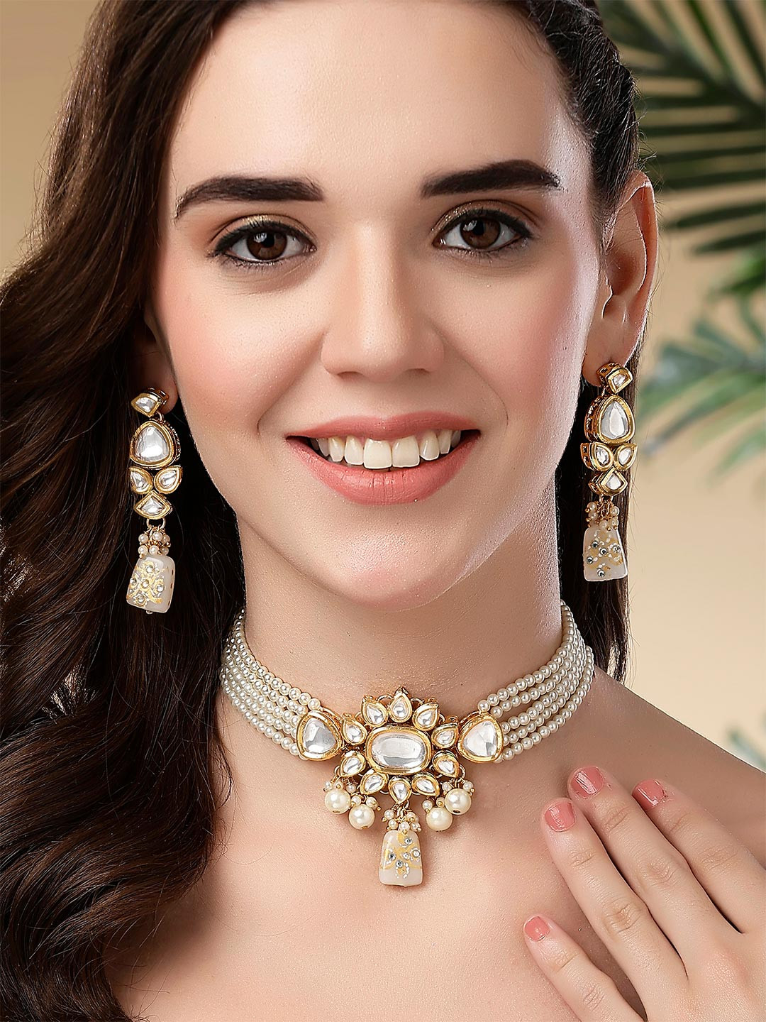 KARATCART Gold-Plated Cream Artificial Beaded Polki Kundan-Studded Jewellery Set