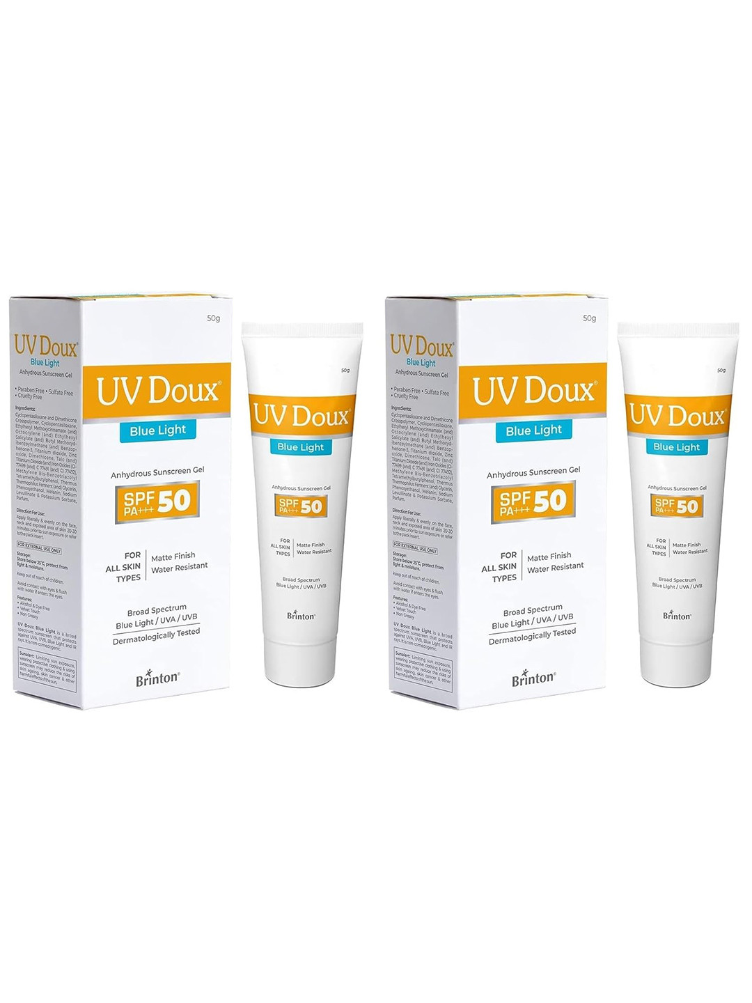 Brinton Set Of 2 UV Doux Blue Light Sunscreen Gel With SPA 50 PA+++ - 50 g Each