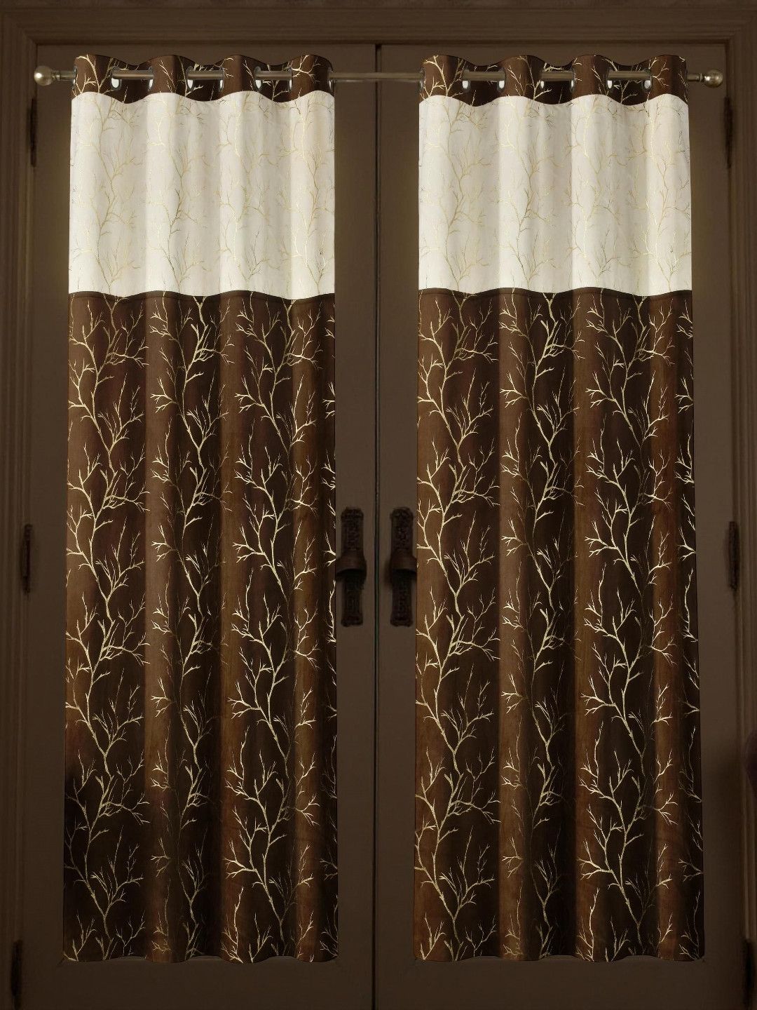 Aura Coffee Brown & Beige Printed Black Out 2 Pieces Long Door Eyelet Curtains