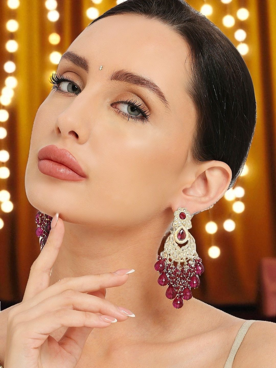 Anouk Metal Kundan Stuidded Floral Meenakari Chandbalis