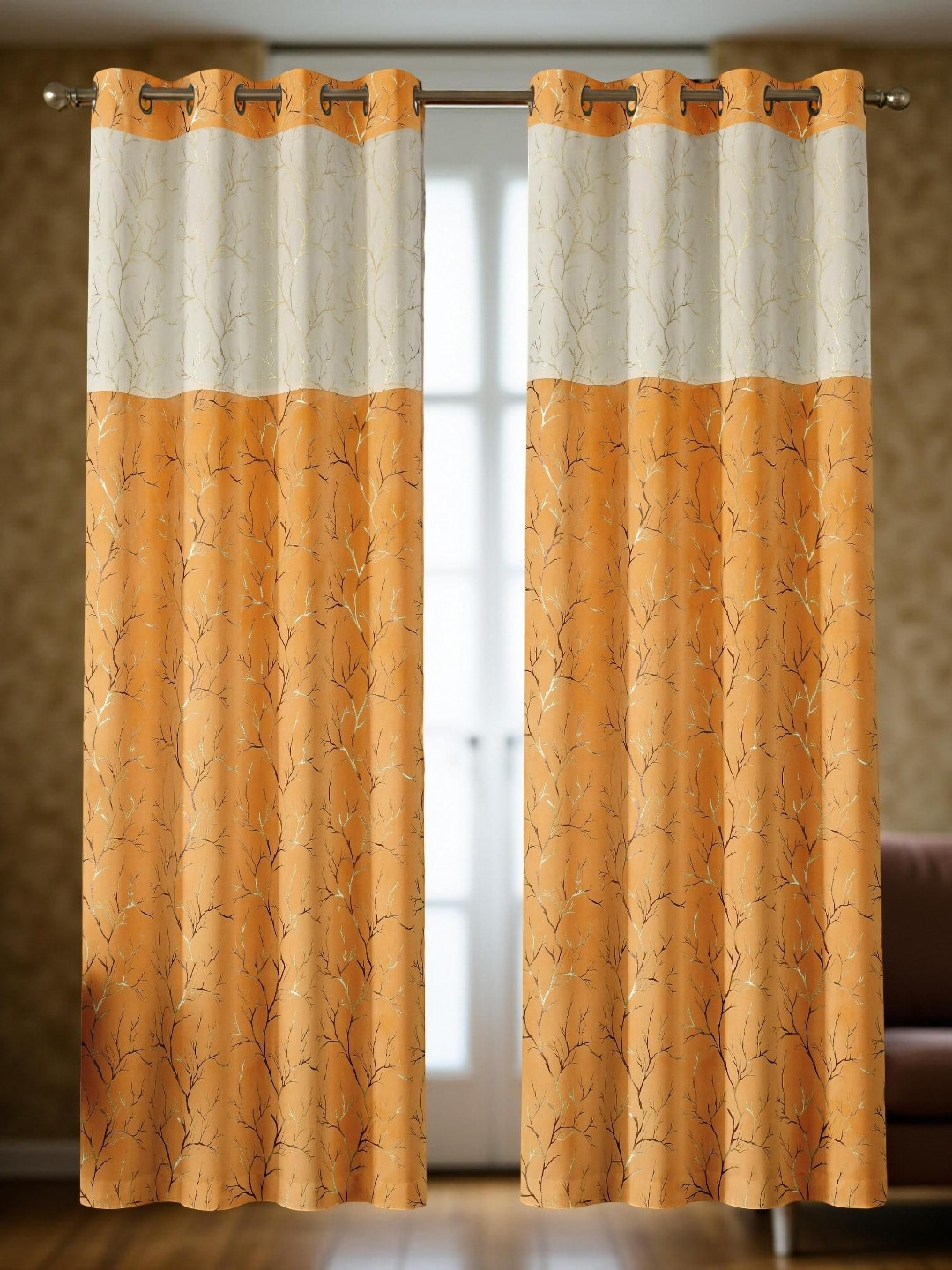 Aura Beige & Orange Colored 2 Pieces Printed Velvet Black Out Door Curtain
