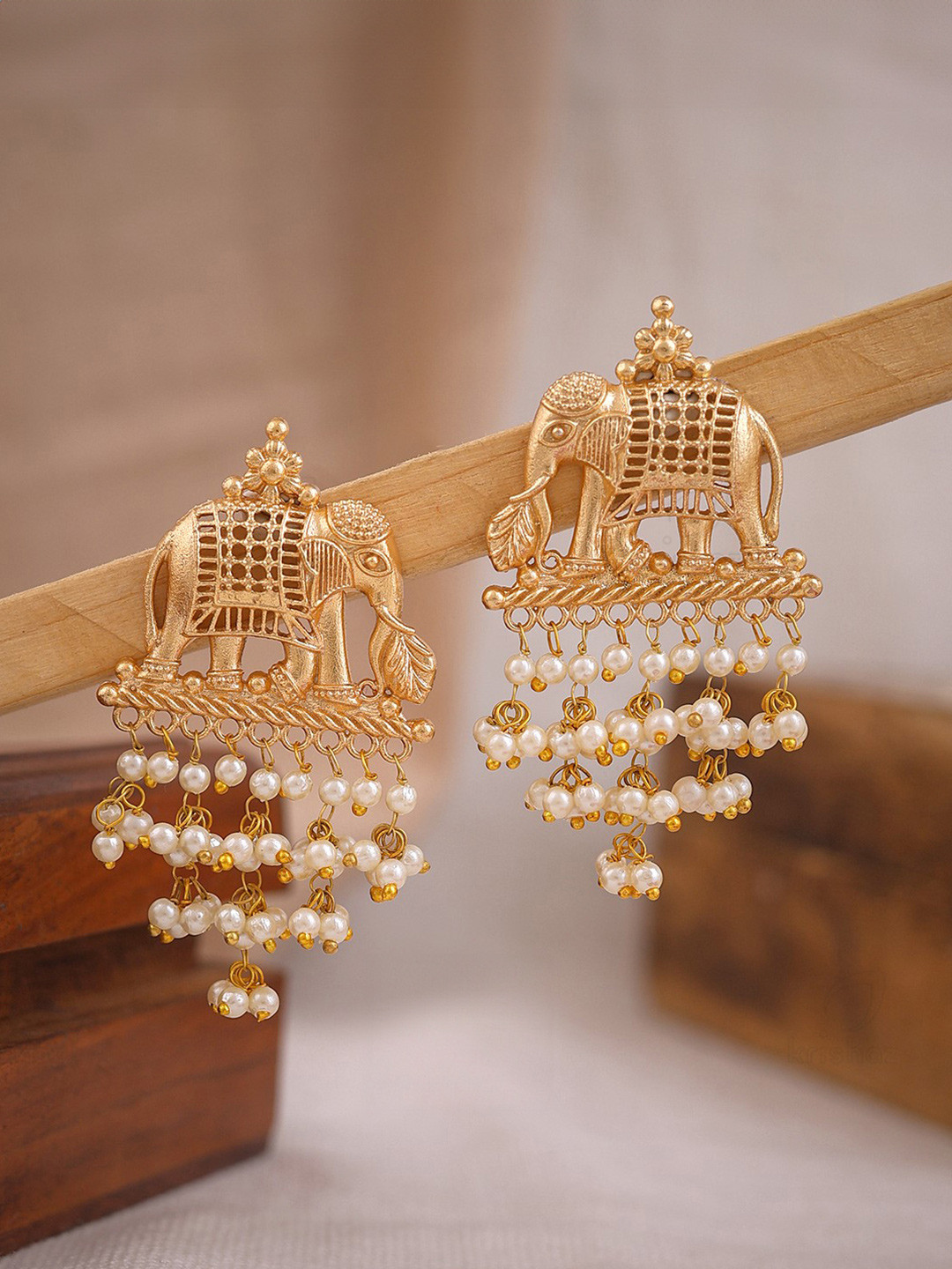 KRISHAZ Gold Plated Artificial Stones Studded And Beaded Temple Elephant Drop Earrings