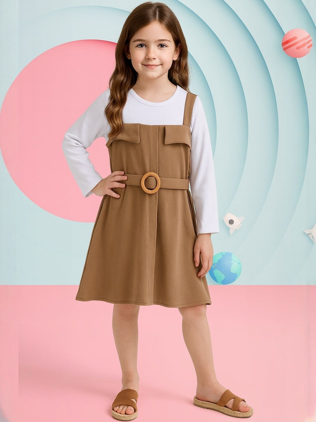 YK Girls Ribbed Shoulder Straps Pinafore Dress With Belt