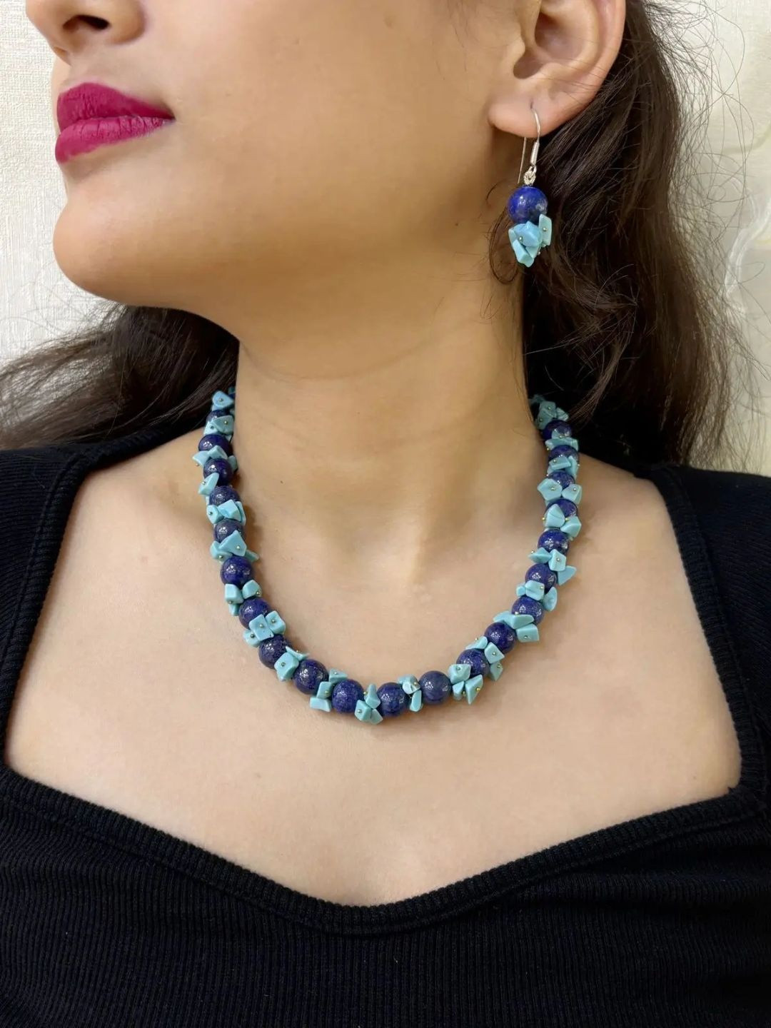 Gehna By  Beadazzled Silver-Plated Lapis Lazuli Beaded Layered Necklace And Earrings