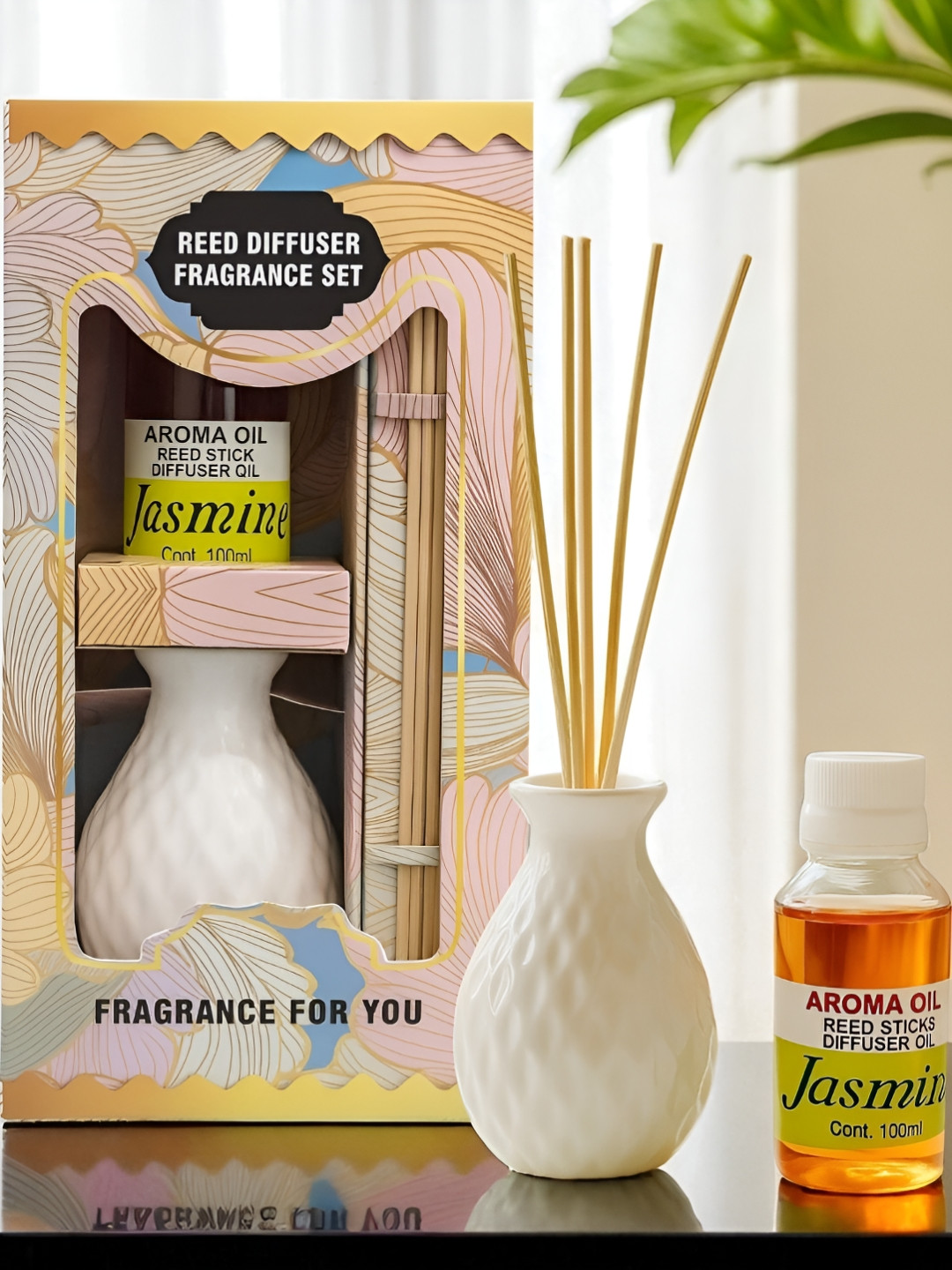 Ascension White 9 Pieces Ceramic Reed Diffuser Set With Jasmine Oil -100 ml