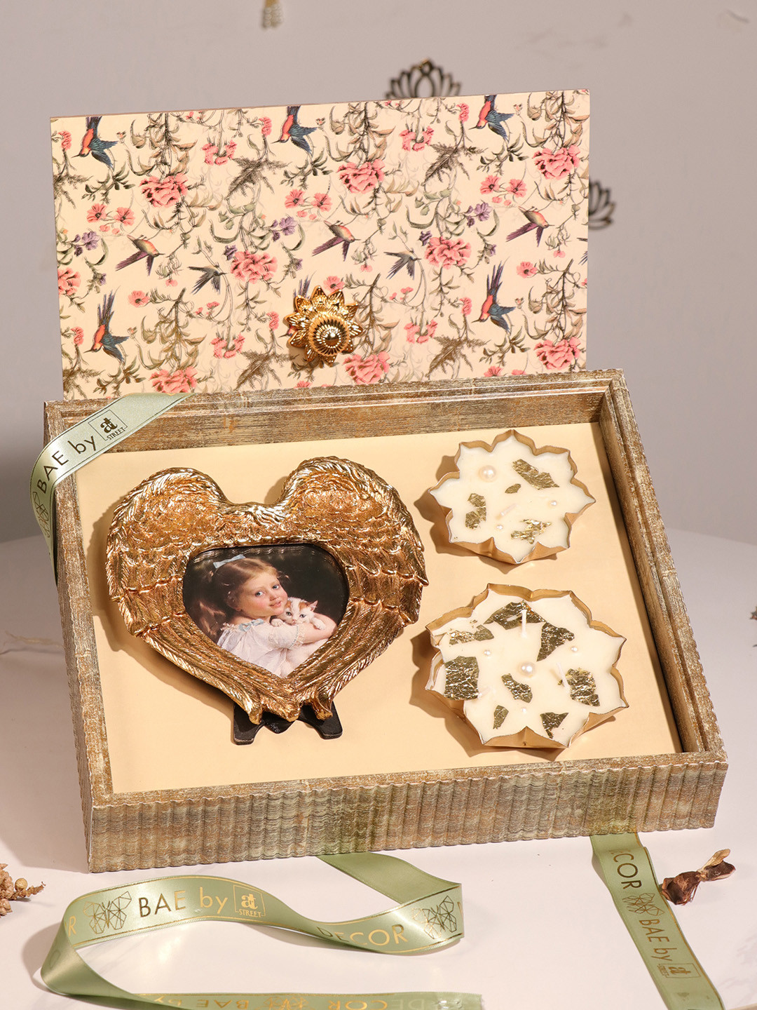 Art Street Heart Shape Photo Frame with Urli Diya Mdf Diwali Gift Hamper Box