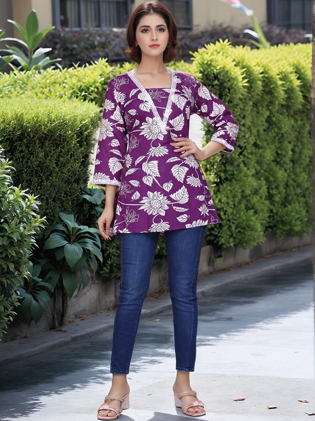 Anouk Women Purple Floral V-Neck Schifli Lace Work Printed Pure Cotton Short Kurti