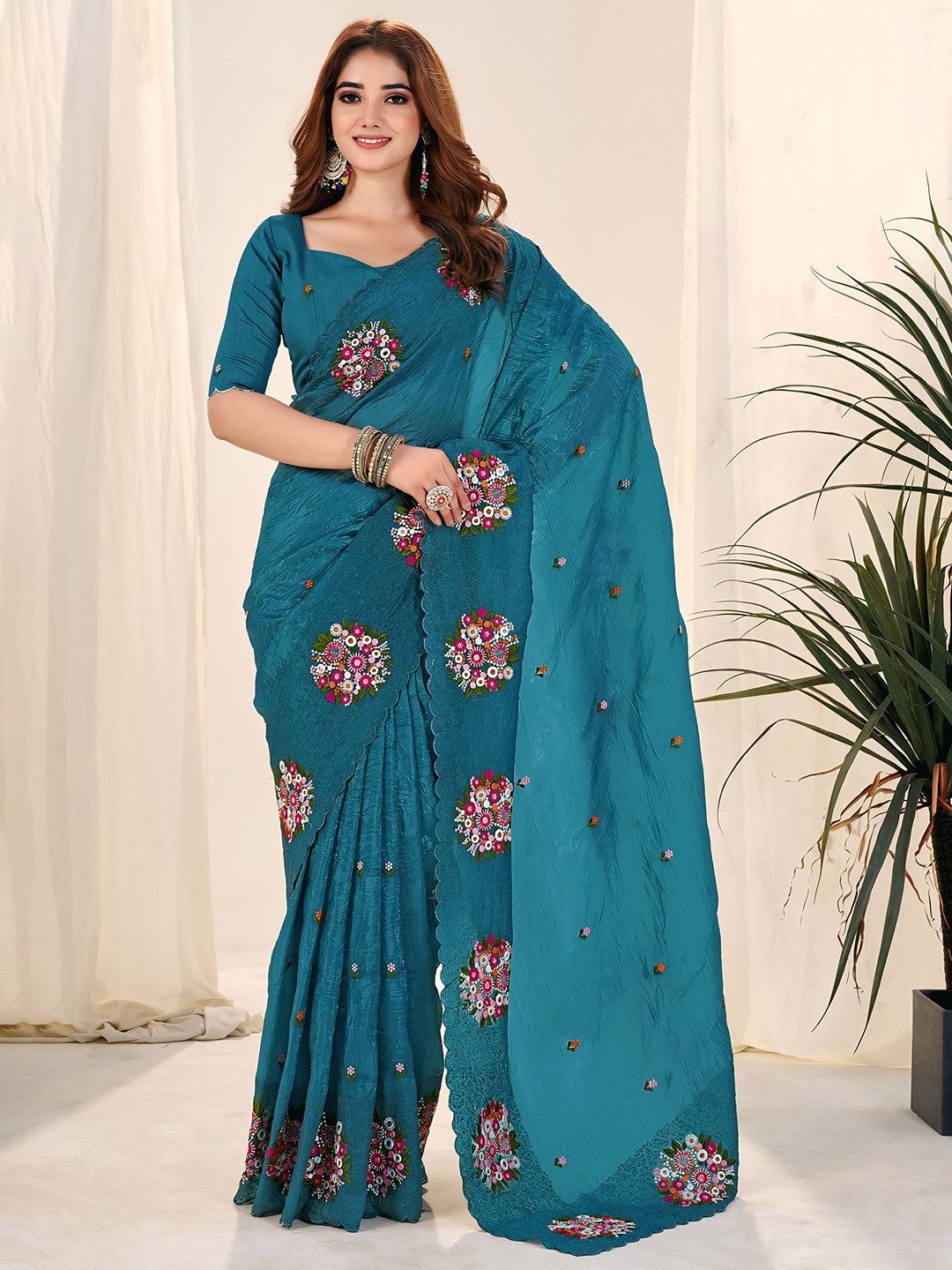 DIVASTRI Blue Silk Blend Embroidered Sarees