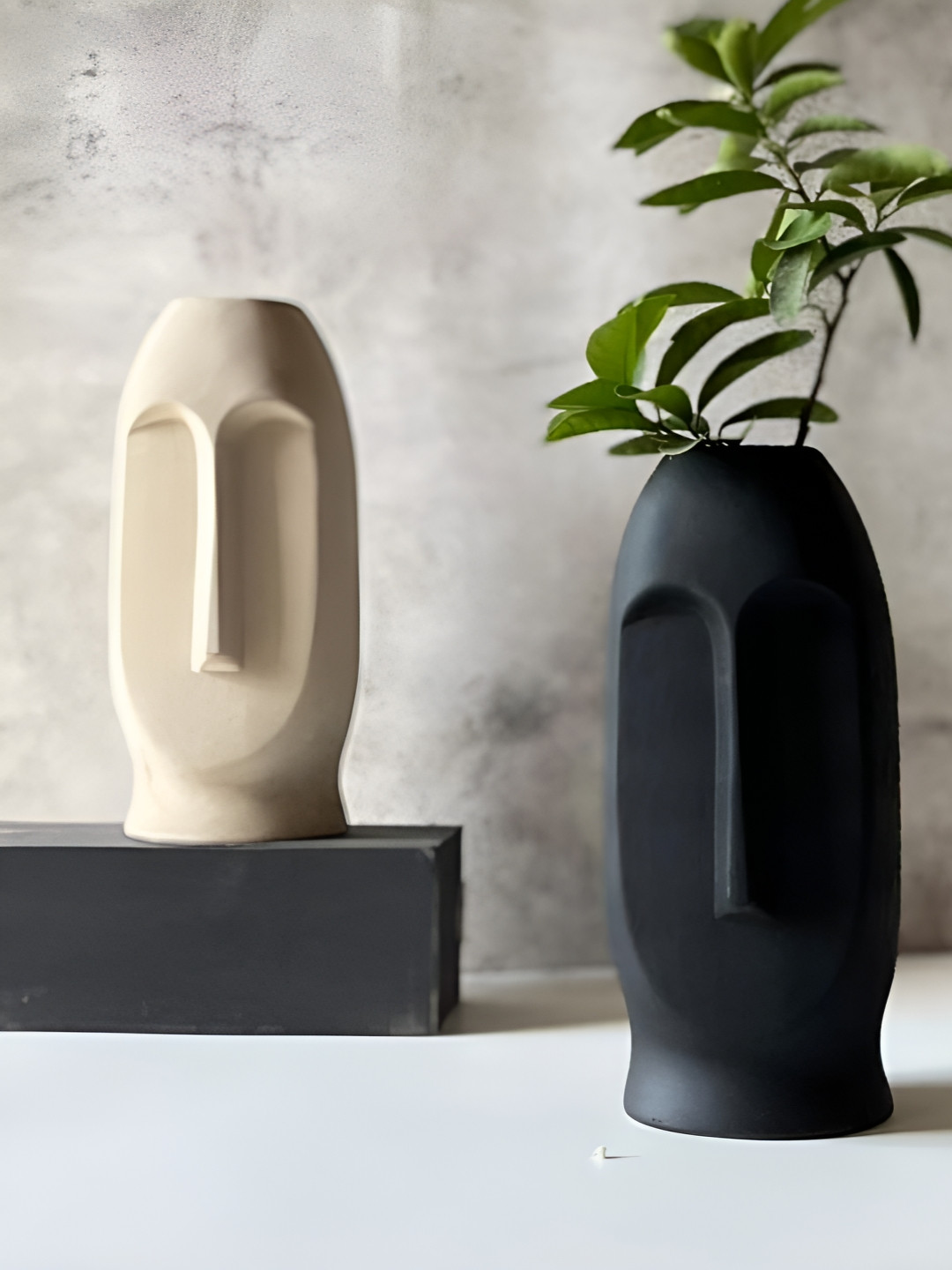 Ascension Black & Beige 2 Pieces Abstract Face Ceramic Modern Flower Vases