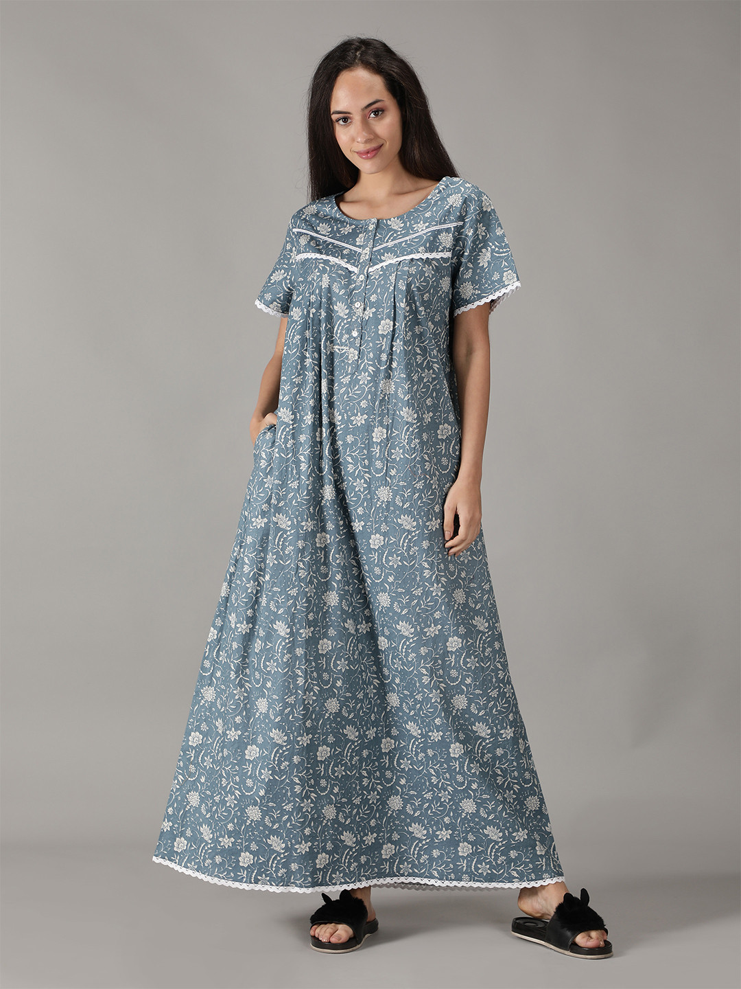 Nihsamah Women Floral Printed Round Neck Frills & Laces Pure Cotton Maxi Nightdress