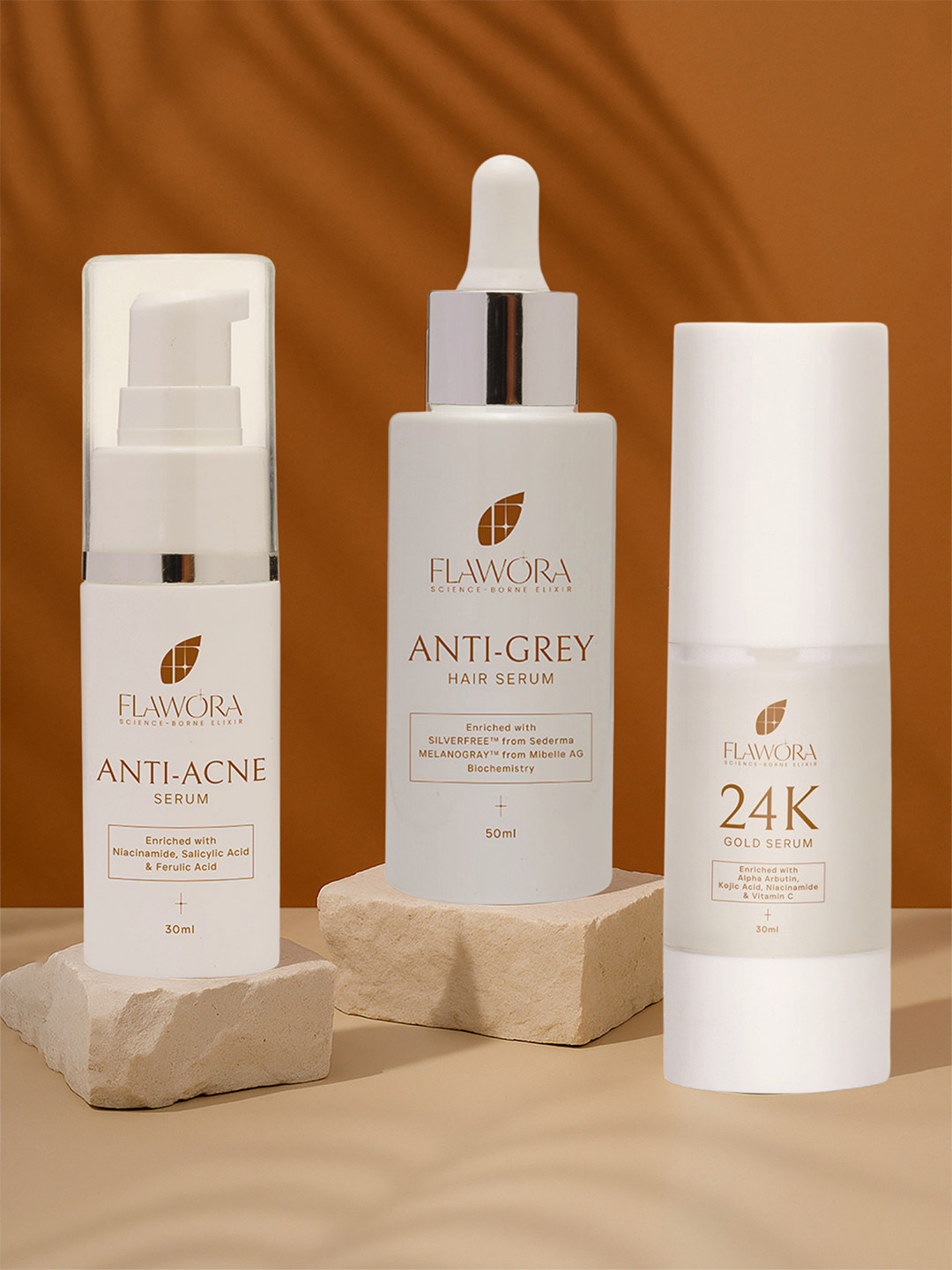 Flawora Set Of 3 Anti-Acne & 24K Gold Serum - 30 ml Each & Anti Grey Hair Serum - 50 ml