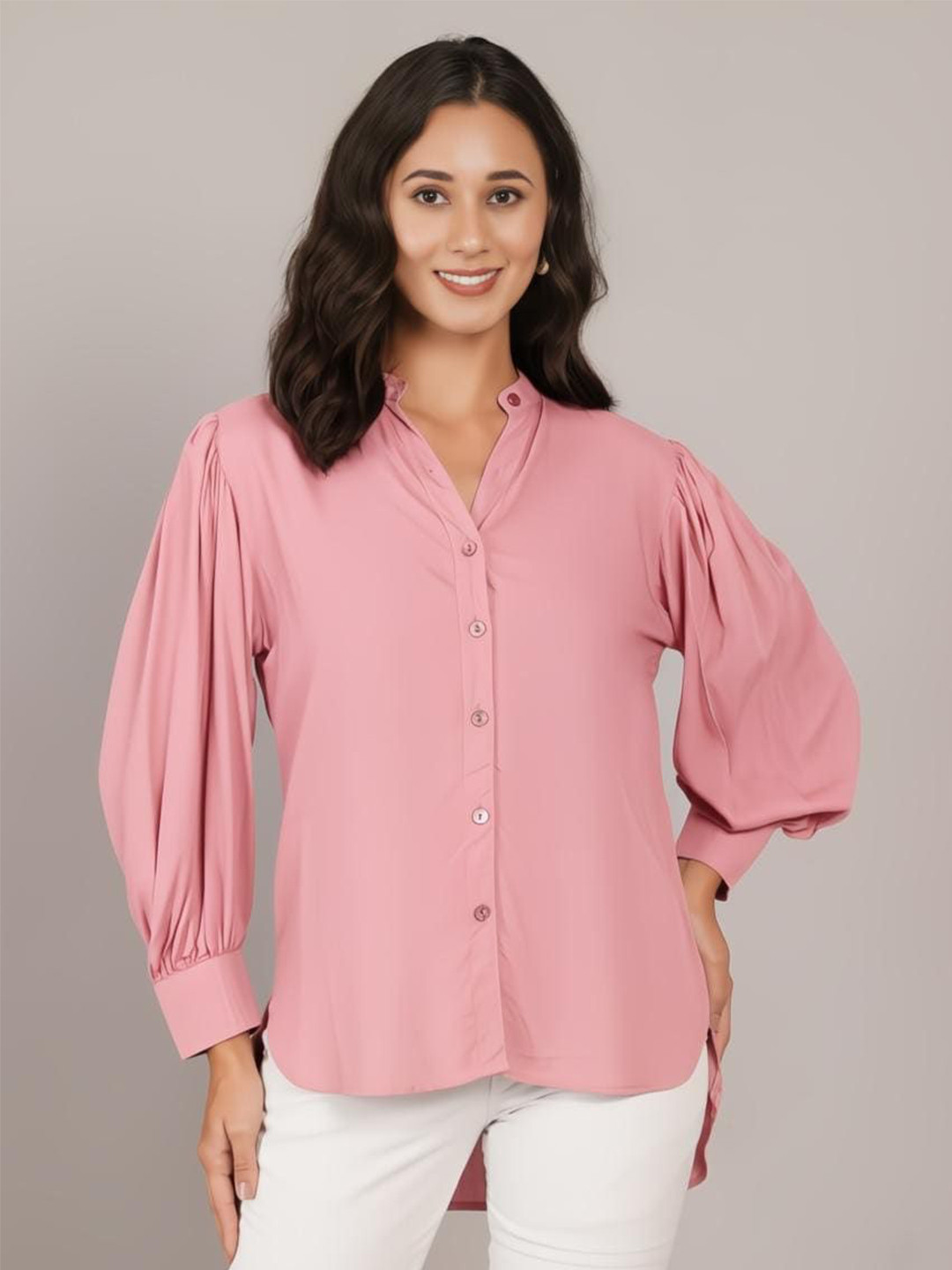 ANGOORI FASHION Mandarin Collar Puffed Sleeves Classic Shirt