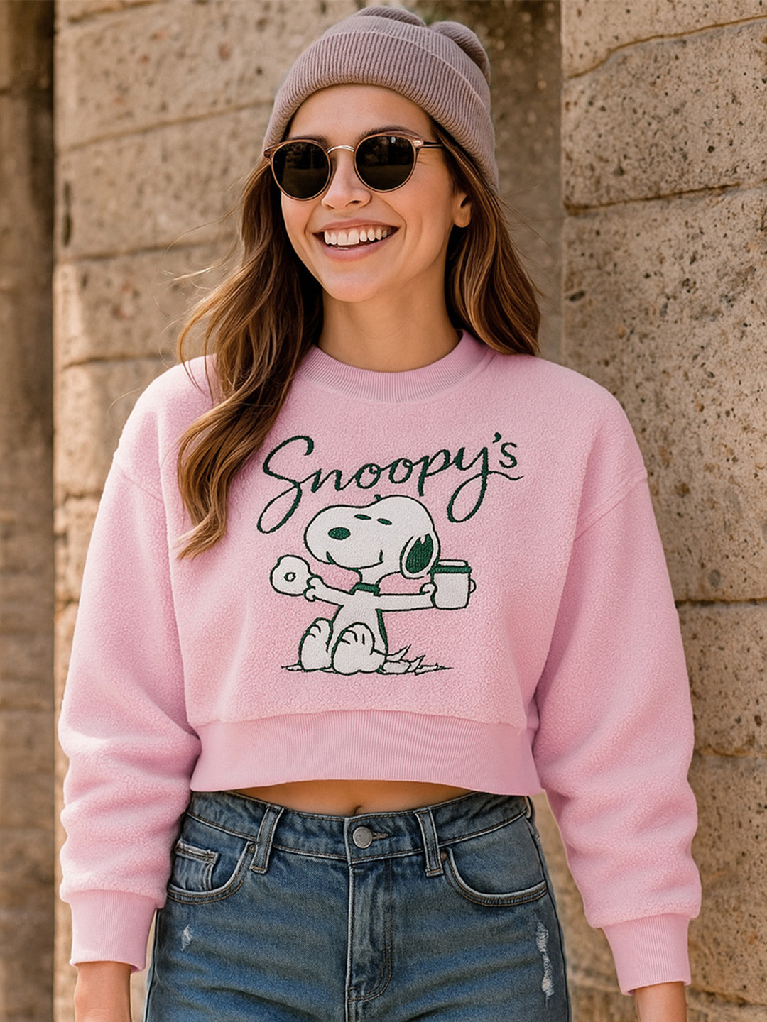 Bewakoof Peanuts Women Pink Embroidered Oversized Cropped Sweatshirt