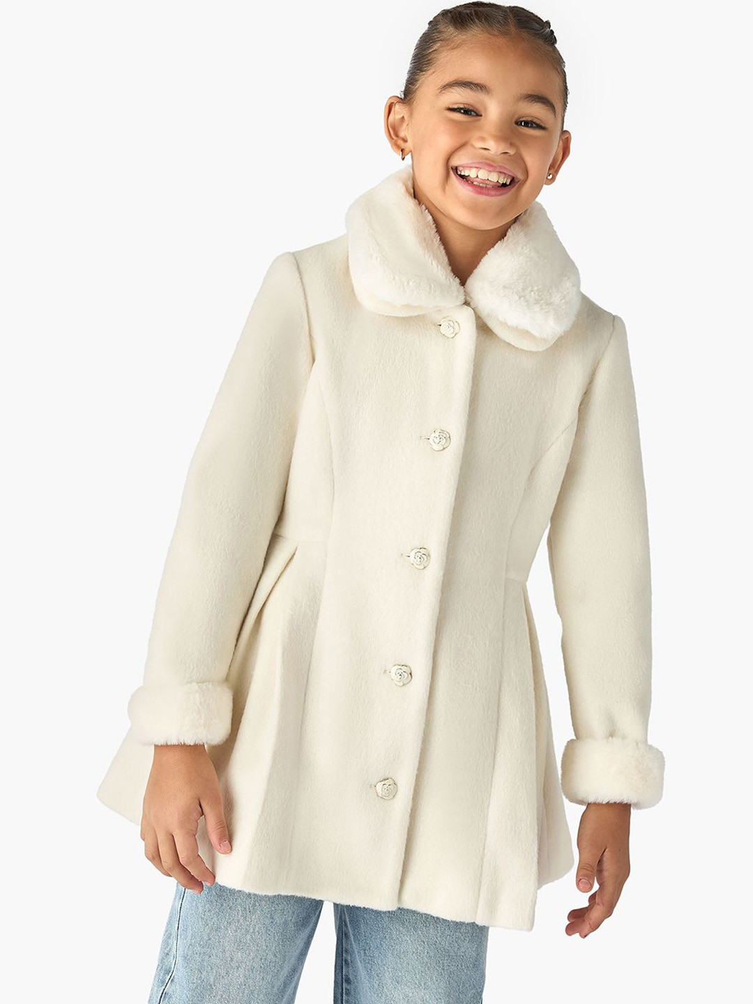 Juniors by Babyshop Girls Spread Collar Regular Fit Faux Fur Collared Overcoat