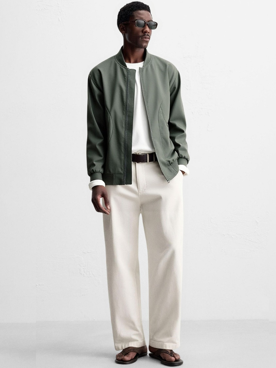 HERE&NOW Men Green Stand Collar Polyester Open Front Jacket