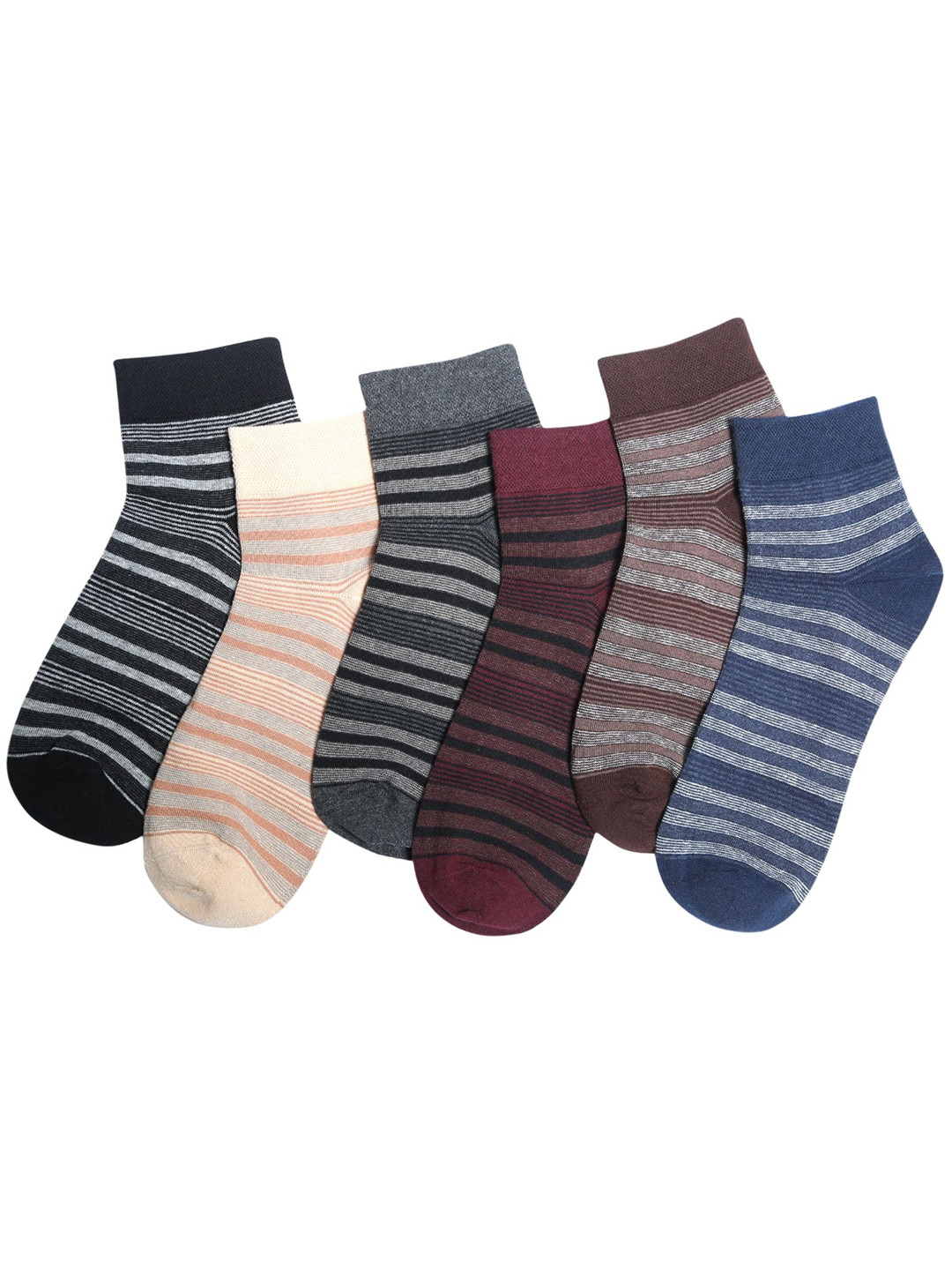 N2S NEXT2SKIN Men Pack Of 6 Assorted Cotton Ankle Socks with Striped Pattern