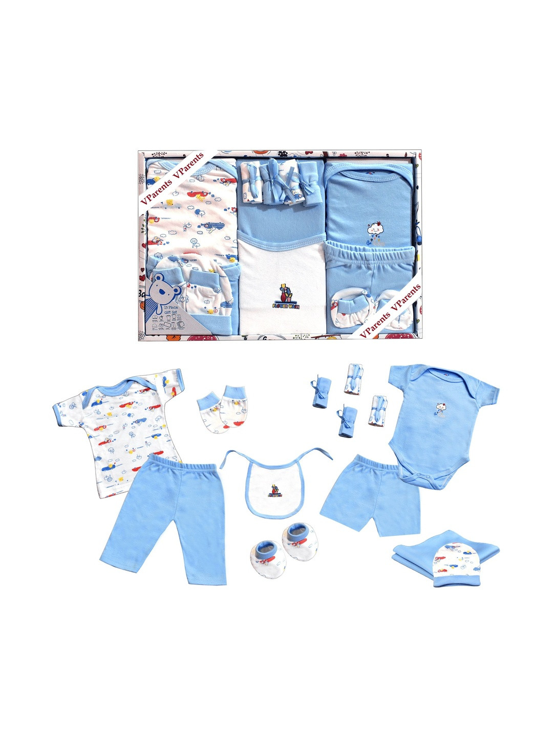 VParents 13 Pcs Blue Printed Cotton Baby Clothing Gift Set