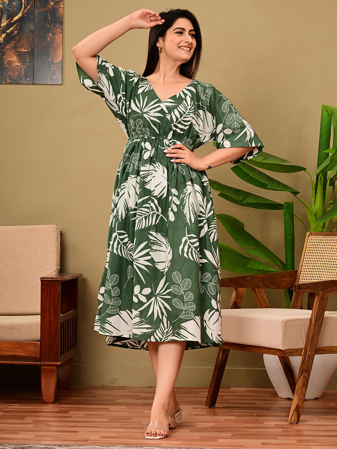 DSS FASHION Tropical Print Midi Dress with Kimono Sleeves