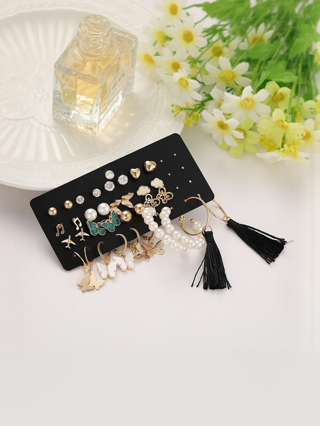 Zaphariq Set Of 17 Gold-Plated Circular PearlsDrop Earrings