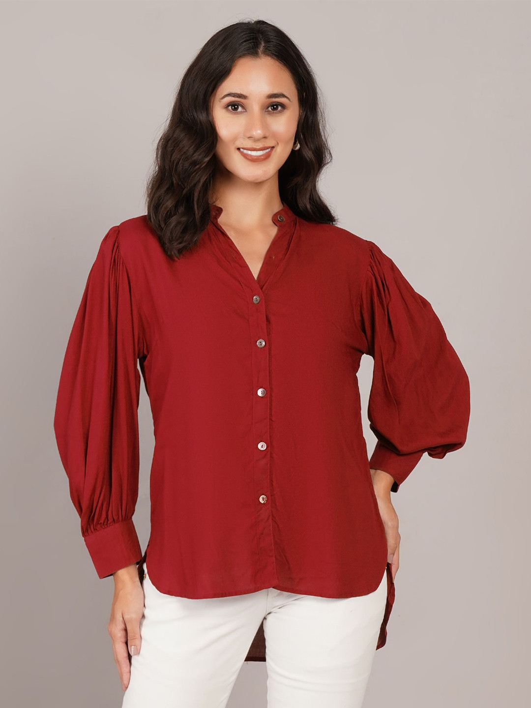 ANGOORI FASHION Women Classic Relaxed Fit Solid Band Collar Casual Shirt