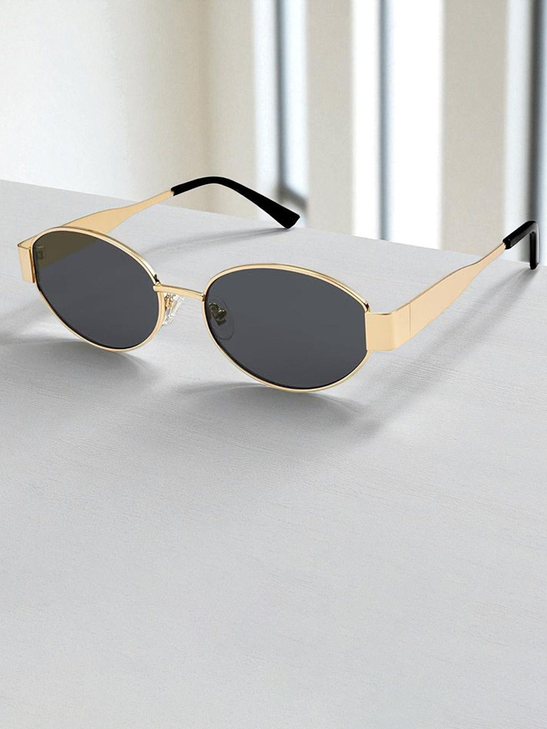 SPADEACES Unisex Full Rim Style Oval Sunglasses With GOLD BLACK OVAL -2