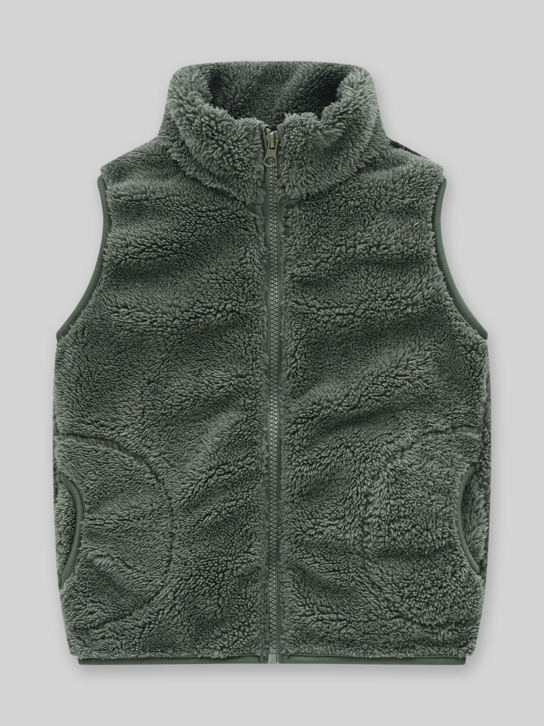 YK Boys Olive Green Sleeveless Faux Fur Jacket