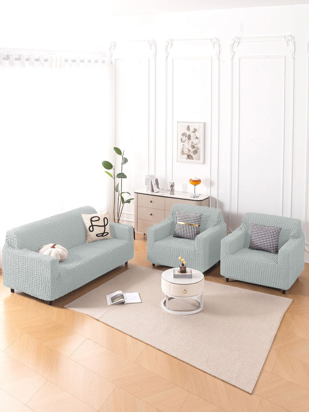 HOKIPO Aria Nova Light Grey 3 Pieces 280 GSM 5 Seater Fully Covered Bubble Sofa Covers