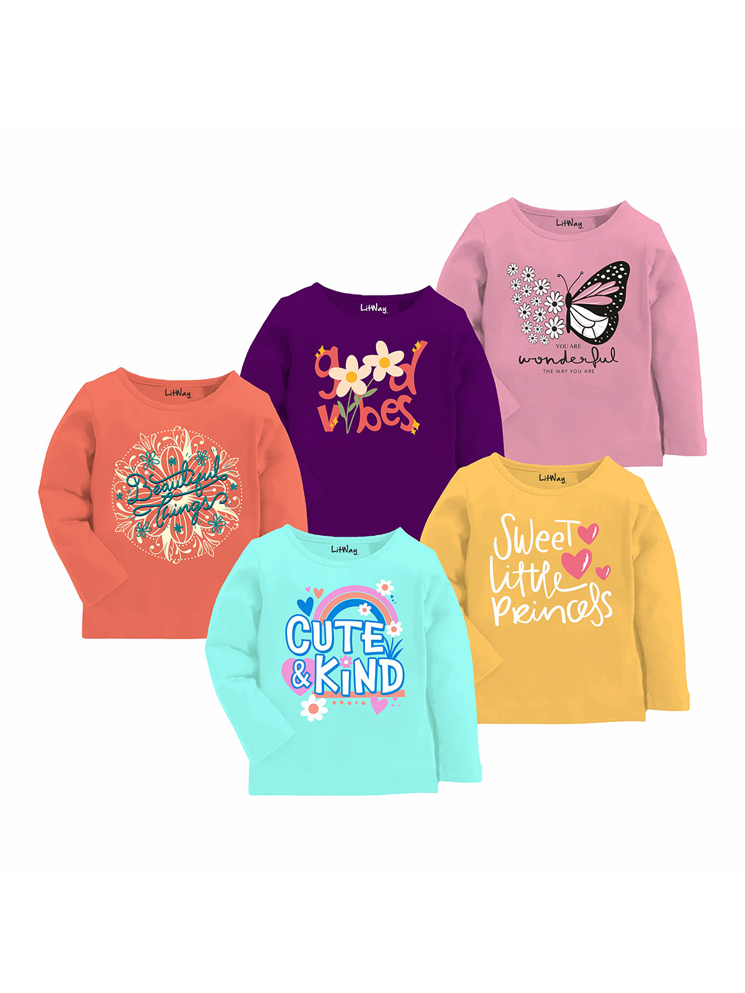 LITWAY Girls Pack of 5 Typography Printed Round Neck Cotton T-shirts