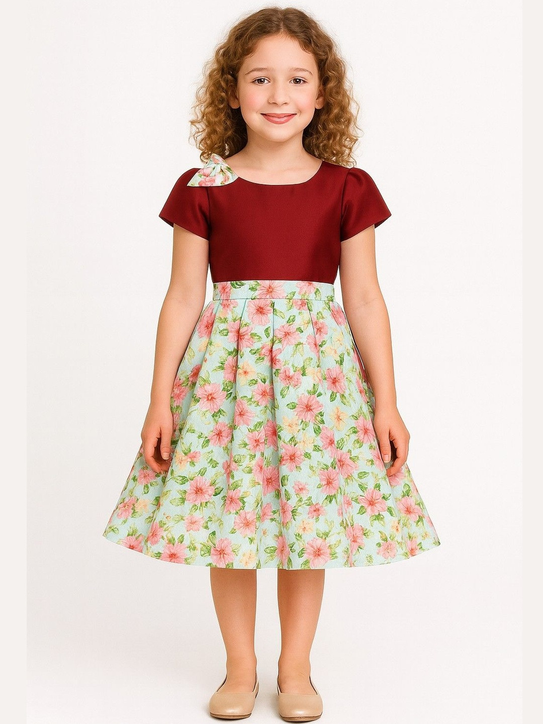 My Lil Princess Girls Floral Printed Round Neck Tie-Ups Knee Length A-Line Dress