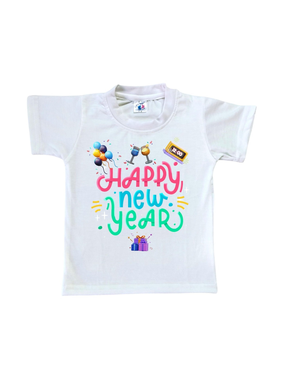 Cute Pals Kids Happy New Year Typography Printed Short Sleeves Cotton T-shirt