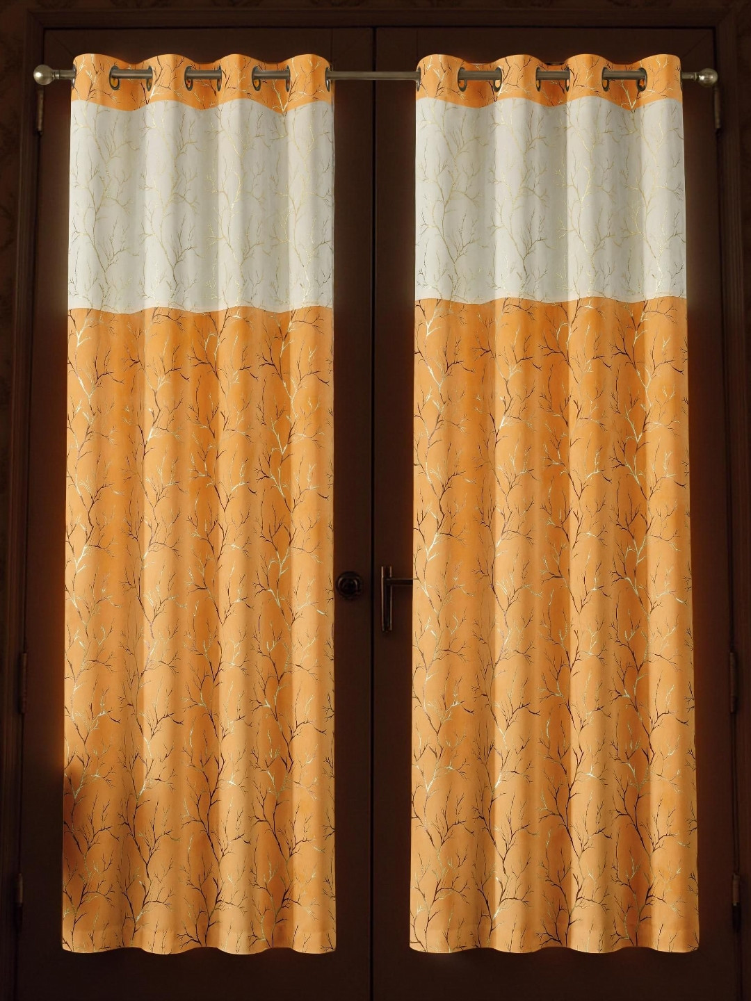 Aura Beige & Yellow 2 Pieces Floral Printed Velvet Eyelet Black Out Long Door Curtain