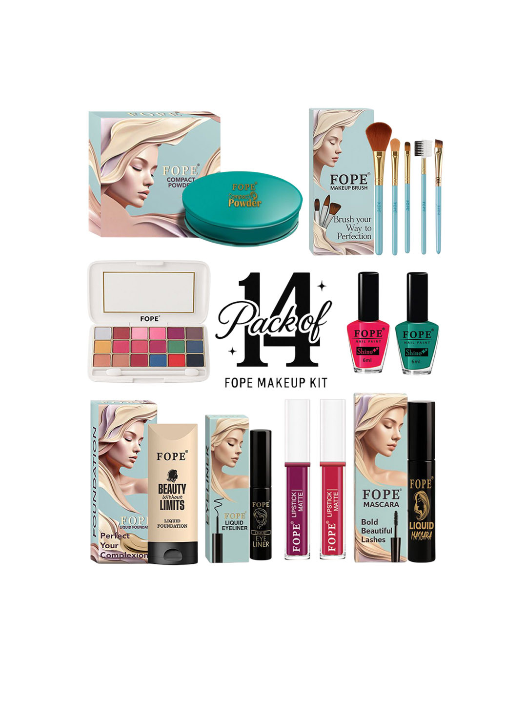 FOPE Set Of 14 Foundation, Compact, Nail Polish, Mascara, Kajal, Eyeshadow & Brush Set